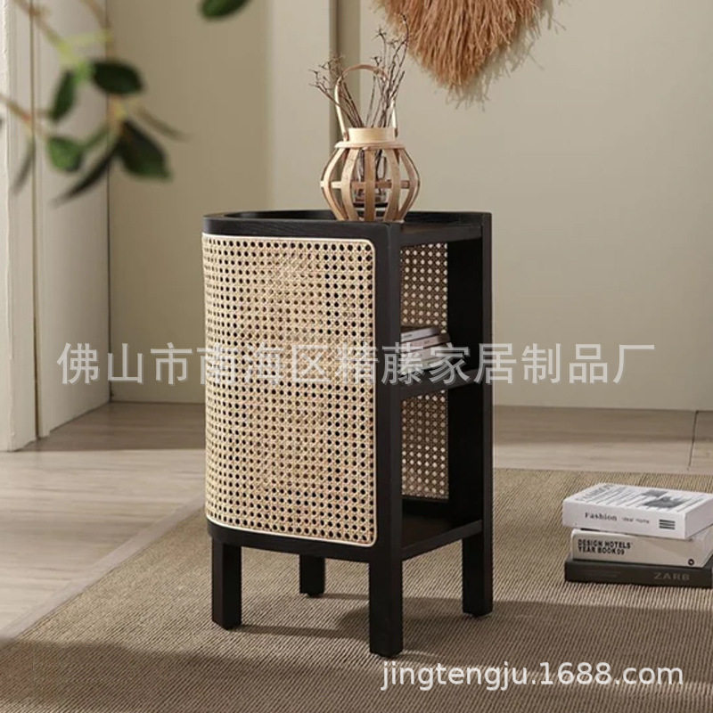 ins风实木藤编三层储物床头柜