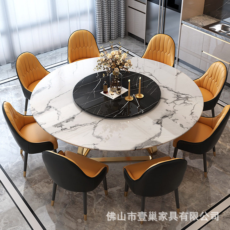 家用轻奢风大理石圆形餐桌带转盘餐台椅组合台面小户型餐桌