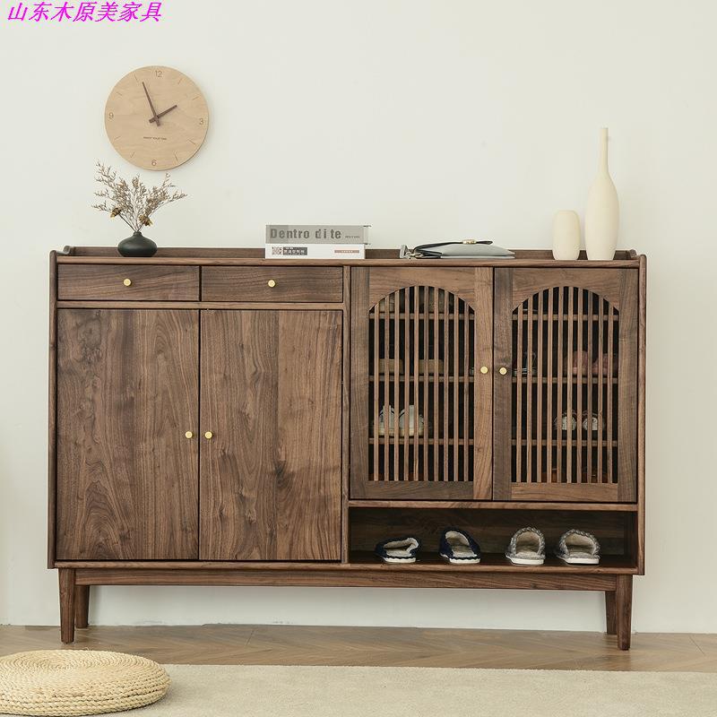 北欧轻奢型黑胡桃木鞋柜对开门栅鞋架大容量简约现代收纳柜轻奢型