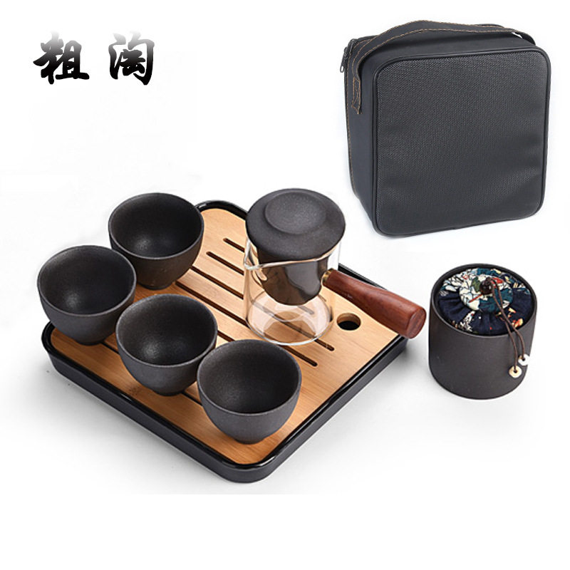 玻璃侧把壶日式复古礼品茶具粗陶黑陶快客杯旅行茶具套装泡红茶