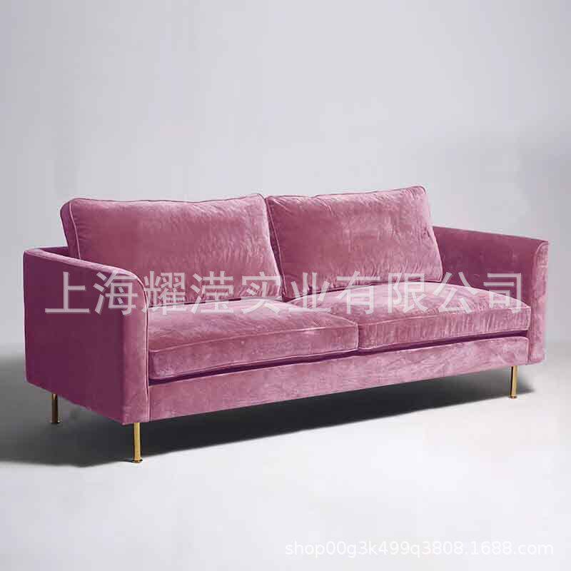 北欧时尚粉色绒布艺三人休闲沙发订置家具会所酒店不锈钢接待沙发