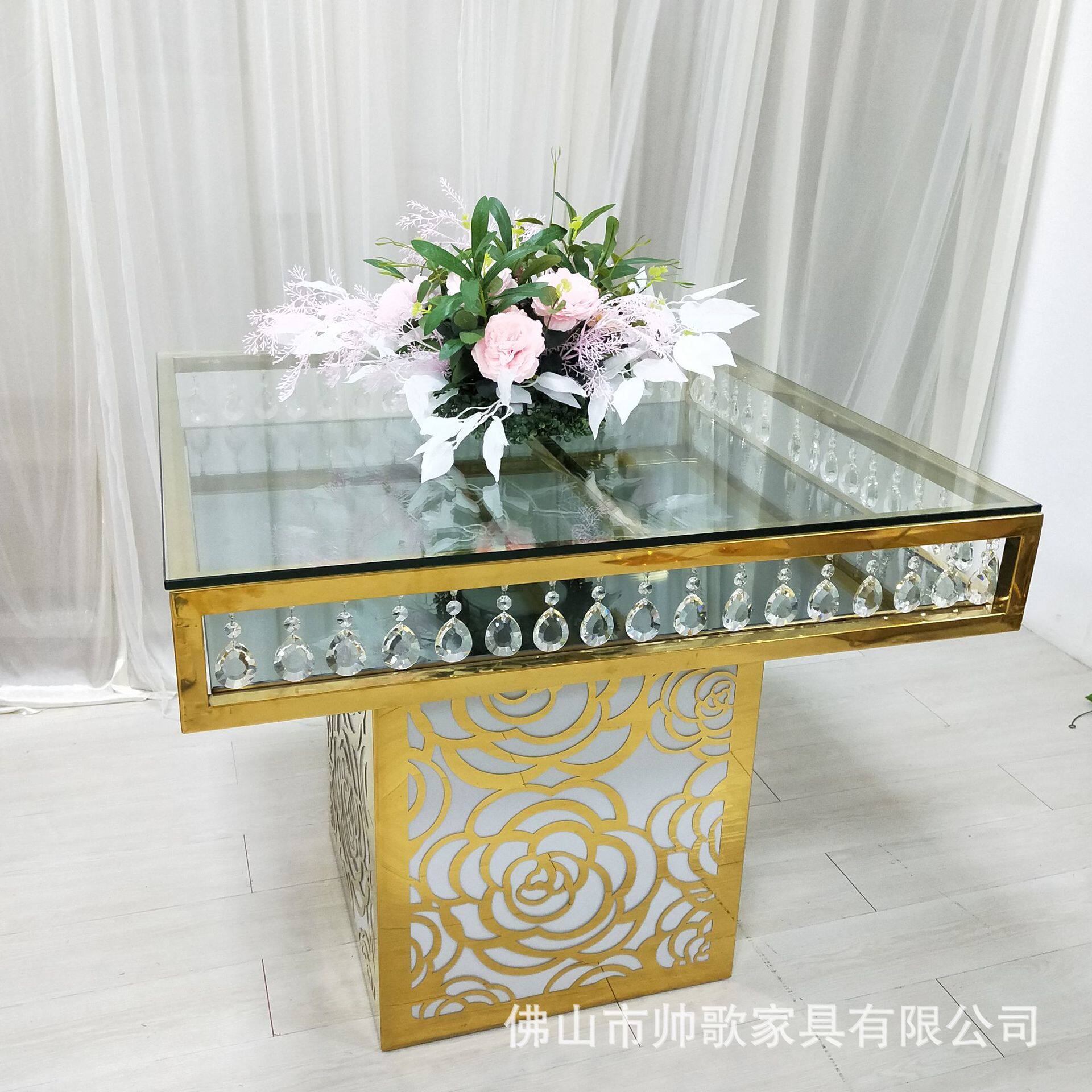 工厂直销正方形不锈钢婚庆蛋糕桌水晶蛋糕桌镜面玻璃餐桌