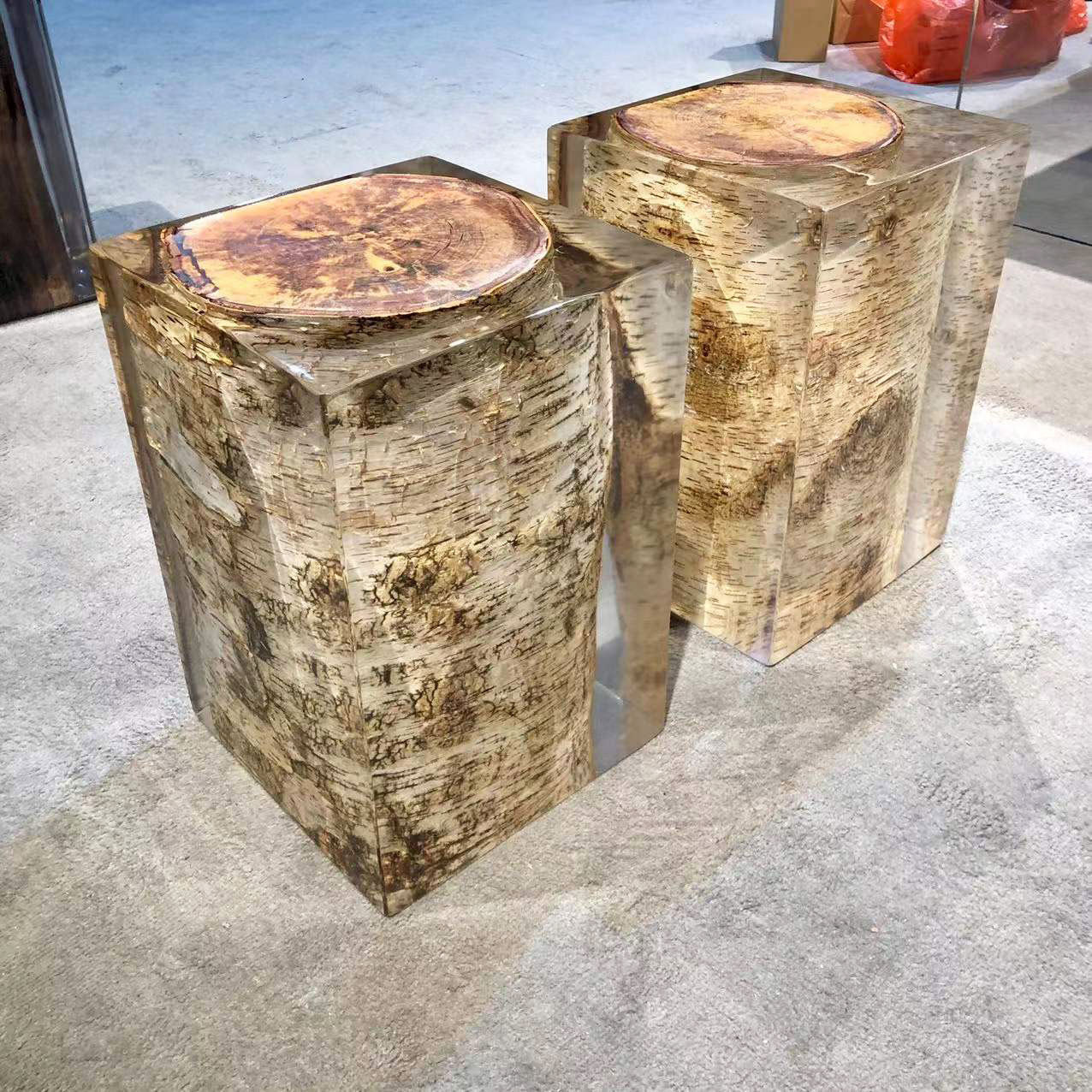 亚克力树脂水晶木墩酒店会所大堂矮凳摆件售楼部现代软装设计