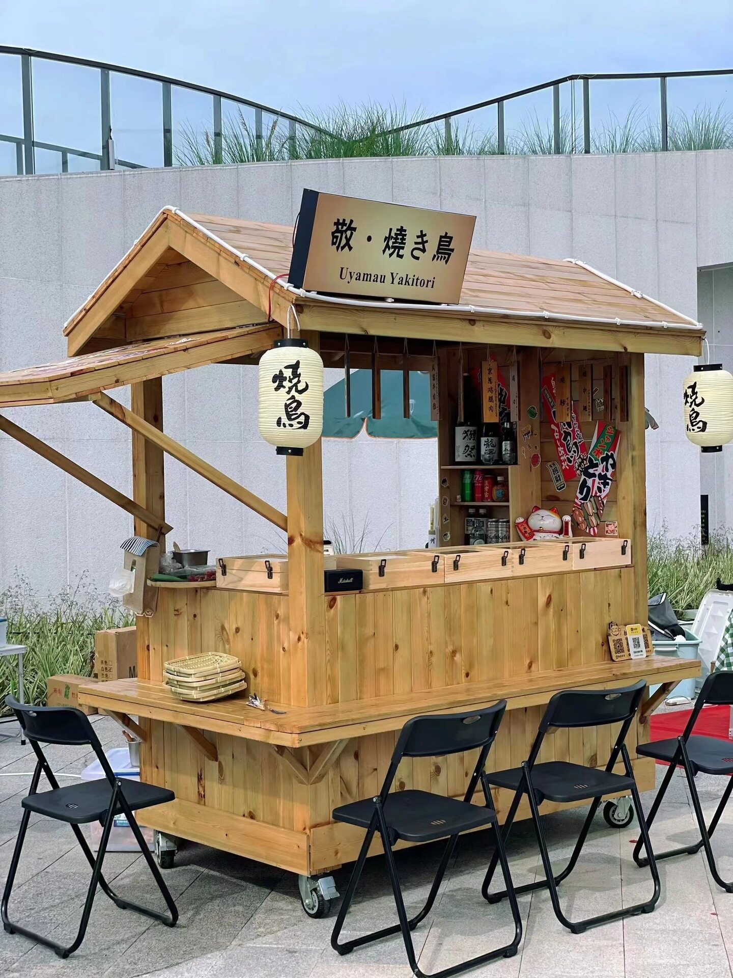 日式烧鸟摆摊车户外可移动餐车展示柜夜市流动烧鸟摊位车木质小吃