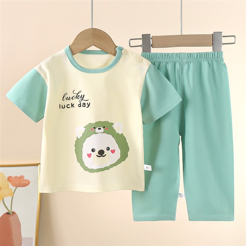 儿童短袖套装纯棉t恤长裤女宝宝睡衣男童夏装婴儿衣服空调服薄款