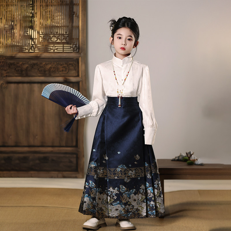 女童蓝色织金马面裙儿童新中式衣服唐装古风女孩宝国风白衬衫套装