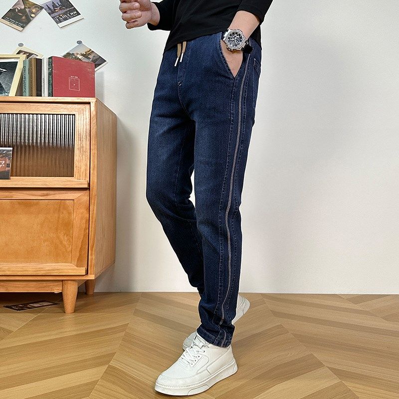 冬季加绒加厚牛仔裤男直筒宽松百搭松紧腰冬天加绒保暖男土牛裤子