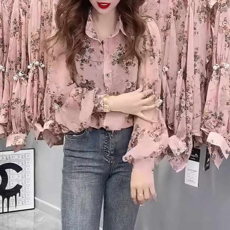 大码洋气碎花长袖衬衫女2025春季新款宽松显瘦设计感灯笼袖衬衣衫