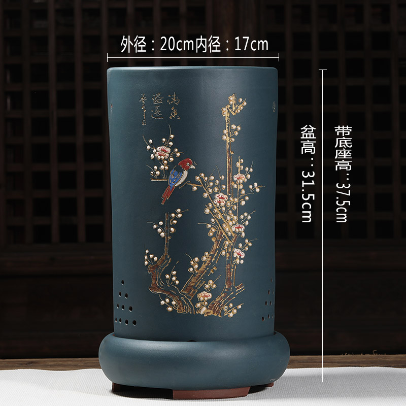 紫砂兰花盆高档精品大花盆圆形带底座彩绘古典地面高筒家用高花盆