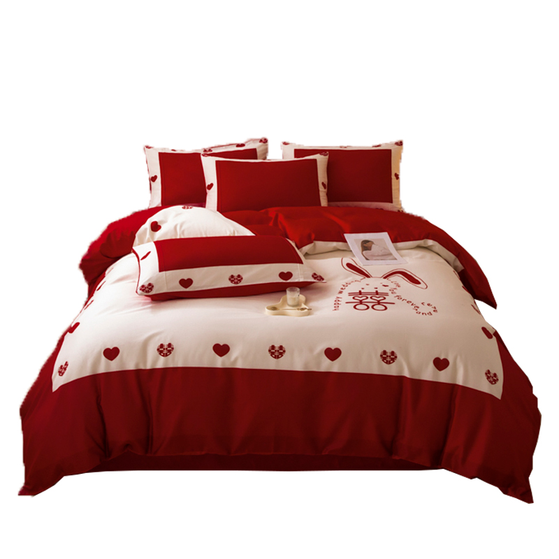 结婚牀上四件套高级感大红色牀单被罩新婚婚庆陪嫁喜被套牀上用品