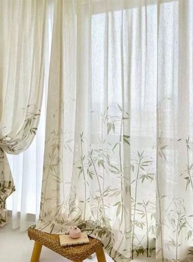 窗帘绿色竹叶新中式窗纱书房茶楼客厅飘窗麻纱道具背景装饰古风