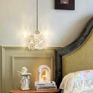 陶瓷花朵床头吊灯奶油风格 温馨卧室房间床头灯悬挂吊灯 北欧法式