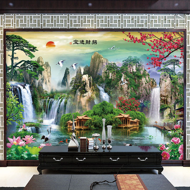 山水画自黏贴纸中式风景画墙贴画客厅沙发背景墙壁画办公室装饰画