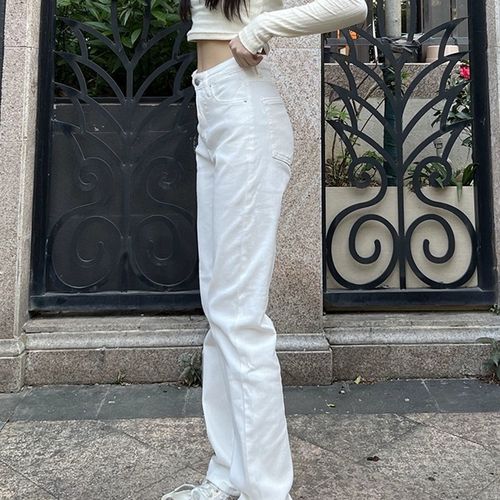 白色窄版阔腿直筒牛仔裤女2024年夏季新款高腰显瘦弹力堆堆烟管裤