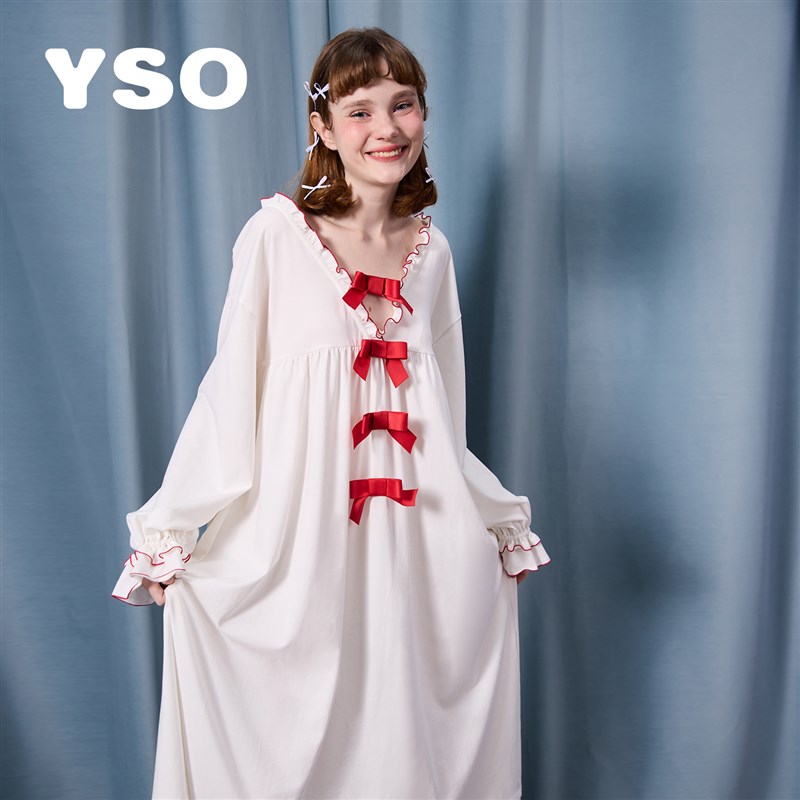 yso【礼物系列】睡裙春秋睡衣女夏季蝴蝶结少女新娘晨袍2024新款A