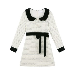 富家千金风方领收腰连衣裙女冬季法式甜美气质蝴蝶结打底a字裙子