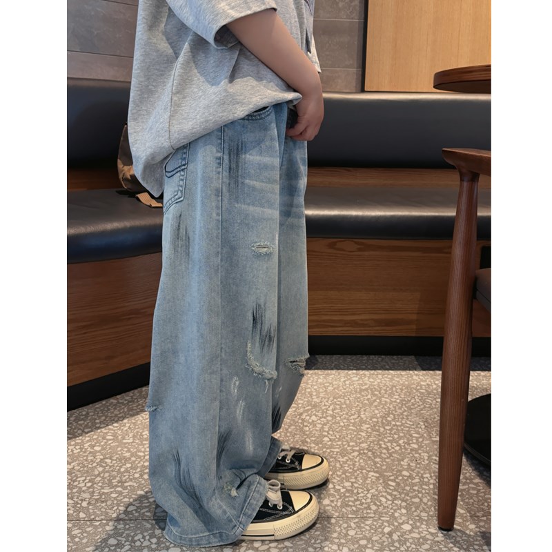 凯文家童装2025年 春季新品男童中大童破洞牛仔裤儿童休闲直筒裤