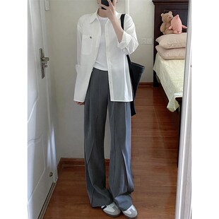 设计感灰色西装裤女秋季新款胖妹妹mm高腰宽松显瘦垂感阔腿休闲裤