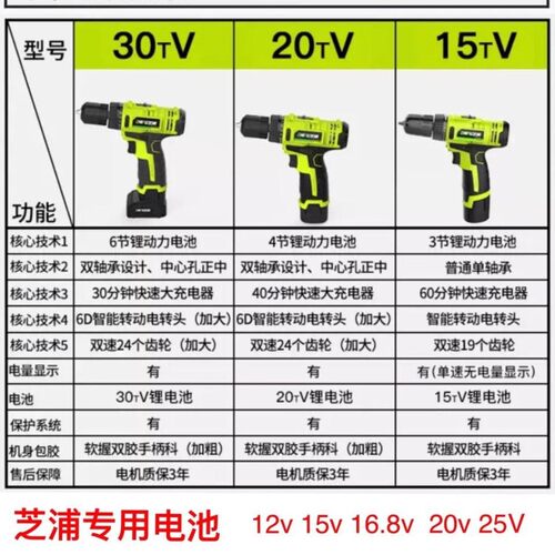 芝浦手电钻电池15Tv锂电池充电钻25V16.8v锂电池直插式充电转配件