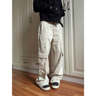F383 2024米白色工装多口袋长裤男女款秋冬新款国潮直筒休闲裤子