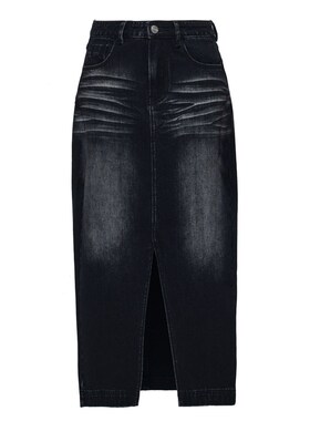 EMPTY PAGE黑色水洗做旧牛仔裙高腰百搭开叉a字半身裙