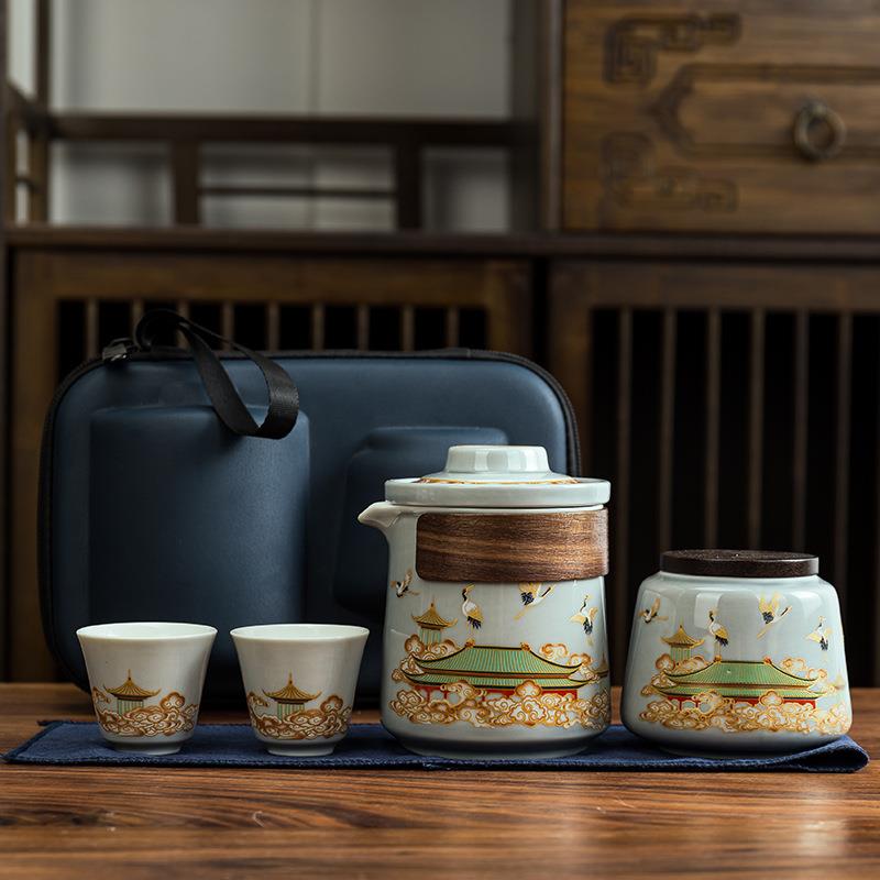 国潮茶具小套装户外旅行露营快客杯便携一壶二四杯泡茶壶茶盘