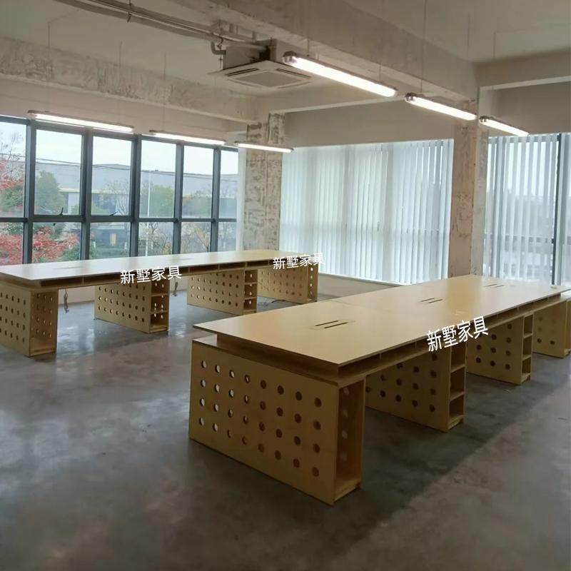 中古风实木大班台老板桌简约桦木设计师创意洞洞办公桌家用电脑桌
