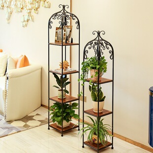 美式铁艺花架花几多层落地式实木室内客厅装饰架方形置物书架花架