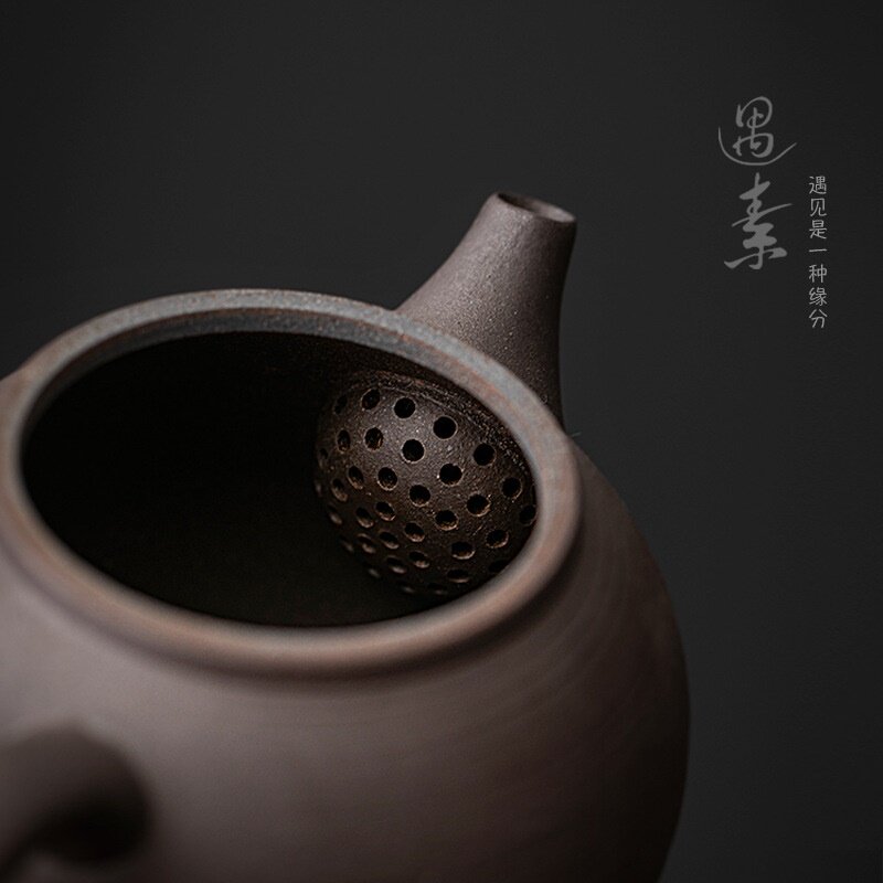 复古粗陶茶壶老岩泥茶水壶单个泡茶壶陶瓷家用鎏银陶壶小号手抓壶