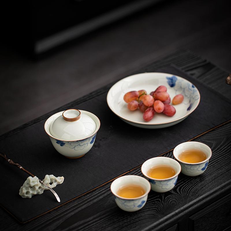 复古手绘三才盖碗茶具套装家用轻奢陶瓷功夫泡茶碗带壶承茶器整套
