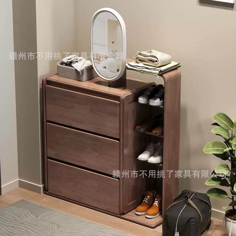 北欧胡桃木全实木鞋柜组合现代简约大小户型入户带梳妆镜斗柜一体