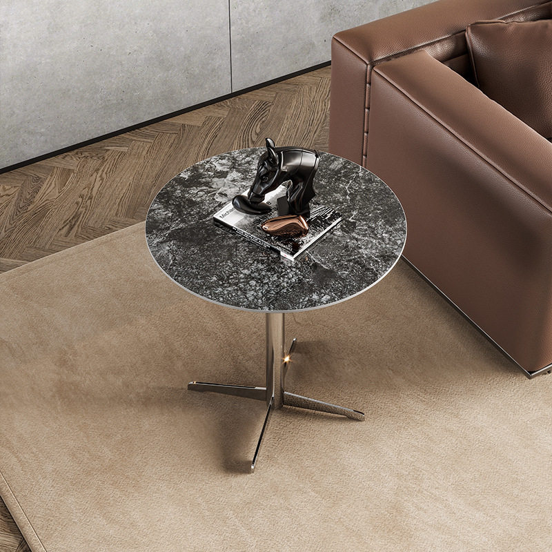 现代简约圆形大理石面不锈钢边几酒店大堂咖啡厅接待摆渡车轻奢