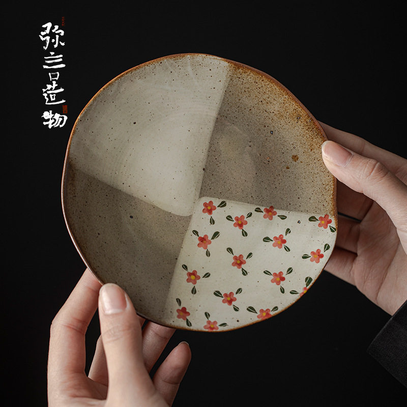 弥言仿柴烧纯手工粗陶壶承手绘陶瓷茶盘简约茶壶盖碗干泡盘茶点盘