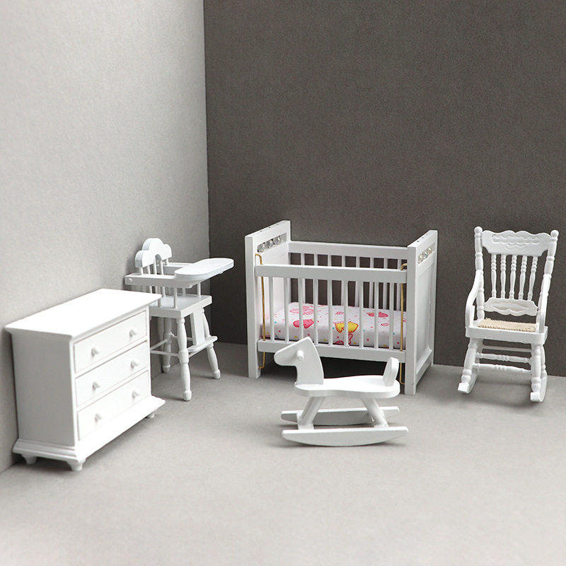 1:12娃娃屋dollhouse迷你家具白色儿童房套装儿童床摇摇马摇椅柜