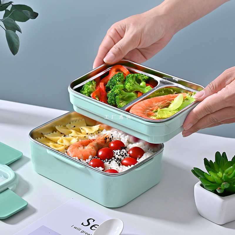 批发双层不锈钢饭盒上班族分隔型餐盒保温加热学生儿童带饭便当盒
