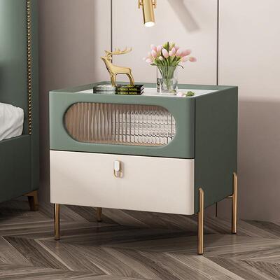 高端岩板全实木现代简约卧室床头柜网红玻璃皮质轻奢整装床边储物