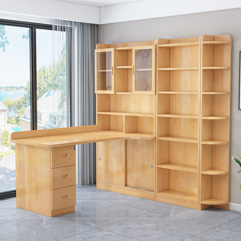 实木转角书桌书架一体卧室电脑桌组合家用儿童学习桌简约学习桌子