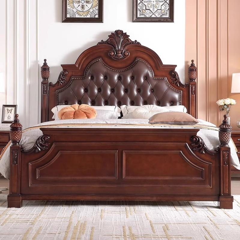 美式实木床1.8米主卧双人床豪华大床皮床别墅高端复古雕花大婚床