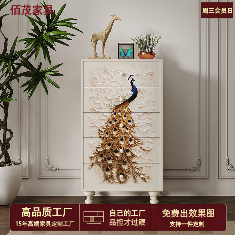 美式轻奢风五斗柜家用卧室实木储物柜现代简约艺术孔雀彩绘抽屉柜