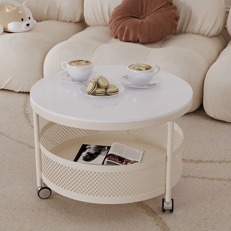 网红奶油风岩板茶几客厅家用茶桌现代简约小户型可移动带轮小圆桌