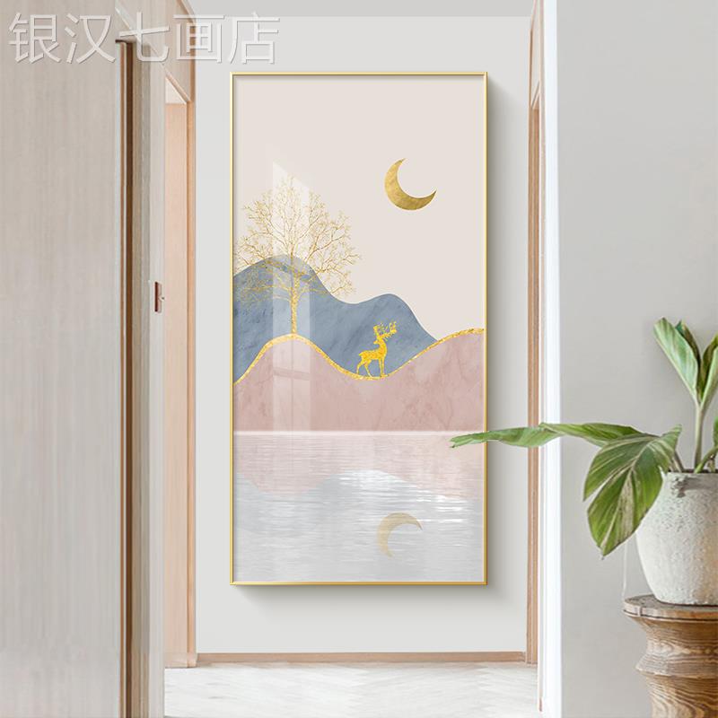 网红北欧玄关入户装饰画约现廊道代简水麋门鹿景过走楼梯壁山画风图片