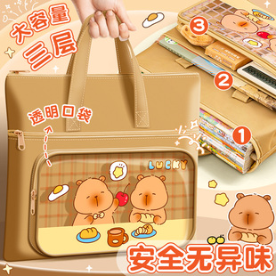 卡皮巴拉补习袋男孩女孩大容量拉链式多功能轻便款初中学生大号学习作业手提手拎补课包儿童小学生拎书袋防水