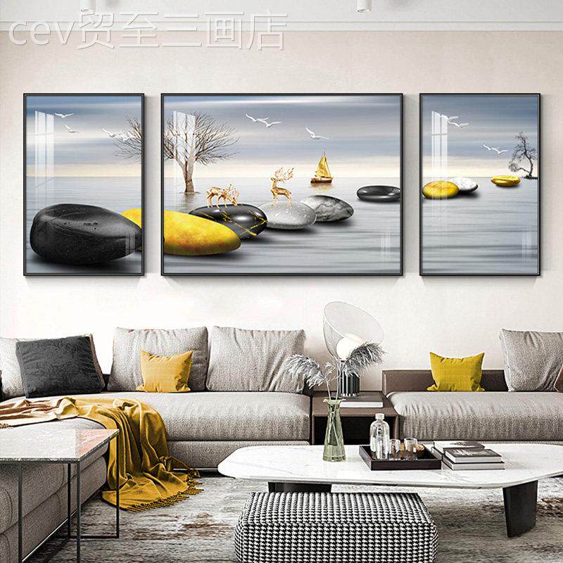 网红一风顺客厅装饰画帆奢气沙发背景轻墙挂金色帆画船三联大画晶
