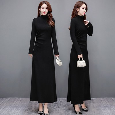 黑色高领针织打底连衣裙女秋冬配大衣显瘦内搭包臀裙加厚毛衣长裙
