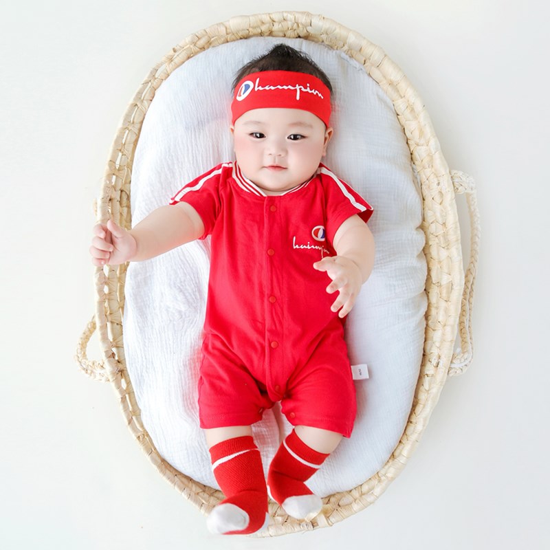 婴儿夏季连体衣新生儿满月百天红色衣服短袖包屁衣男宝宝夏装薄款