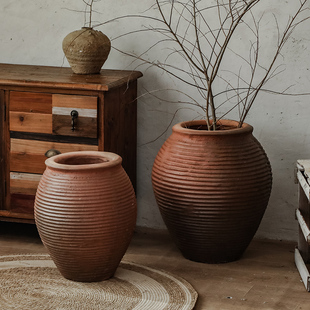 复古陶罐花盆落地陶器民宿装饰陶器摆件粗陶盆手工土陶侘寂风陶罐