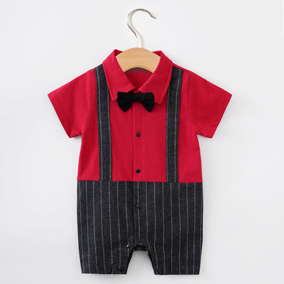 一周岁礼服男宝宝夏季装婴儿连体衣红色满月宴百天衣服洋气小西装