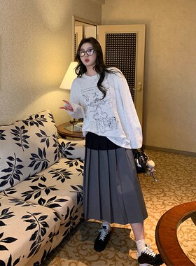 NAZ那子大码早春新款时尚法式学院风复古撞色胖mm百褶气质半身裙