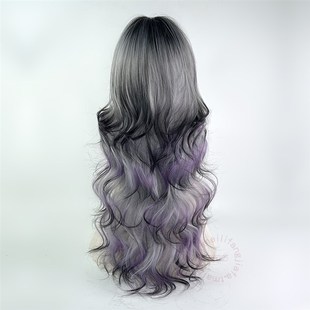 暹罗猫假发紫色渐变亚文化亚比全头套女y2k挑染lolita银色卷发彩