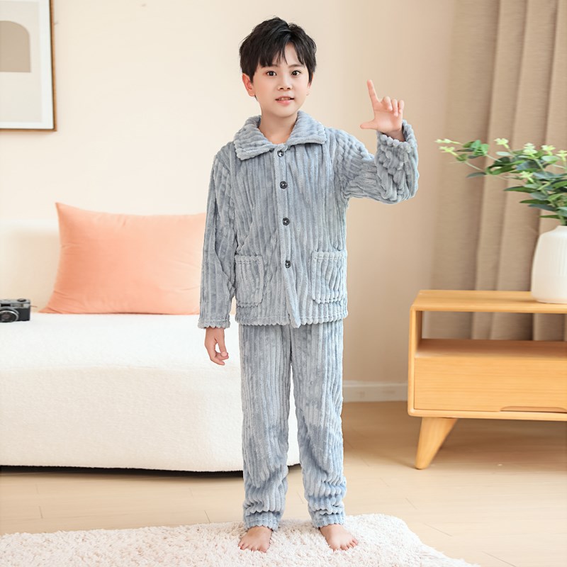 秋冬款儿童法兰绒睡衣男童女童中大童珊瑚绒男宝宝家居服保暖套装